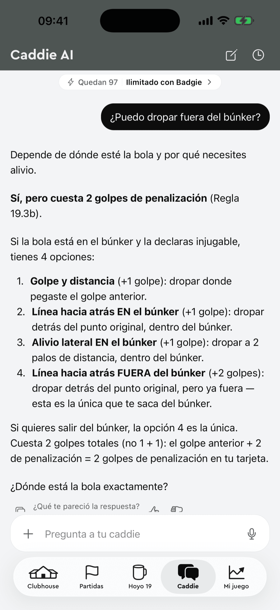 Caddie AI de Badgie Golf respondiendo sobre el alivio desde búnker con la regla 19.3b