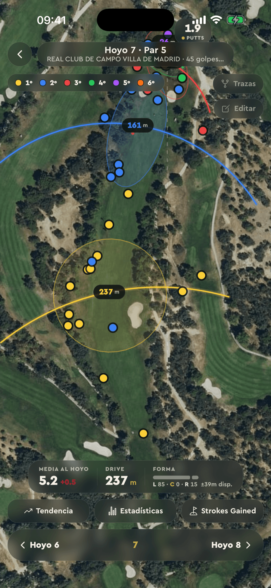 Dispersión de golpes de Badgie Golf sobre el satélite del hoyo 7, con Strokes Gained