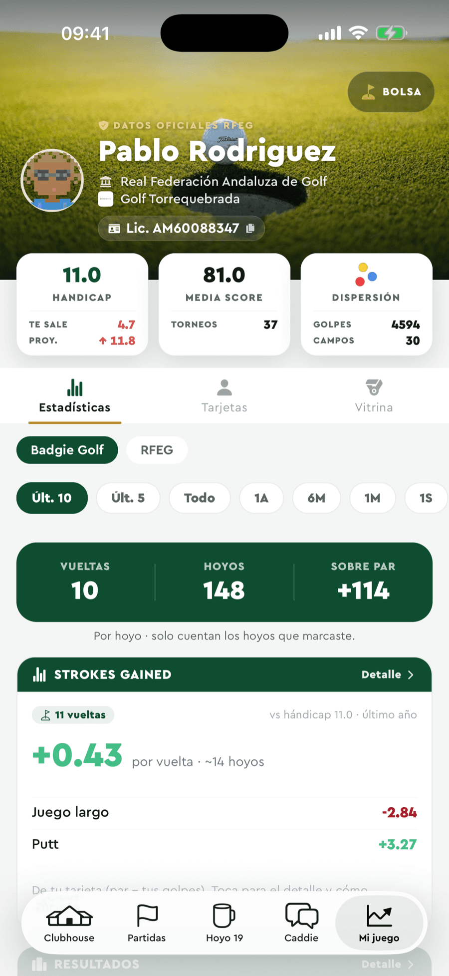 Ficha oficial RFEG en Badgie Golf: hándicap 11.0, media de golpes y torneos sincronizados